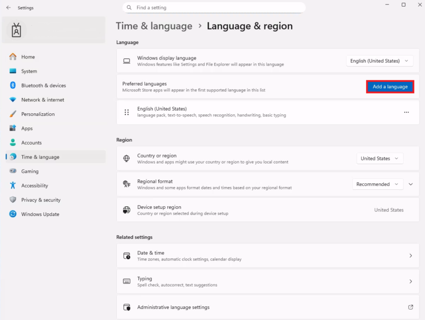 「言語と地域」の設定画面で、「Add a language（言語を追加）」ボタンが選択されている状態を示します。