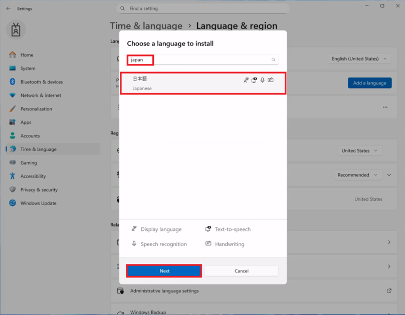 言語追加画面の検索ボックスに「Japan」と入力され、結果として表示された「日本語」が選択され、「Next」ボタンがハイライトされている状態を示します