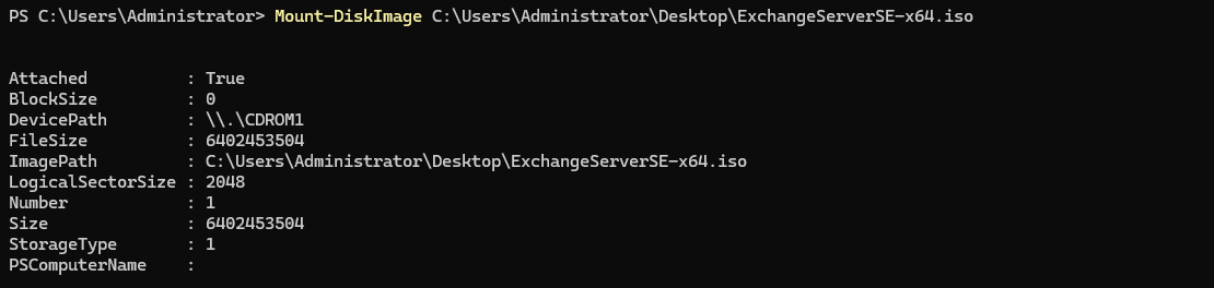 Exchange Server SEのインストールISOをマウントする操作画面